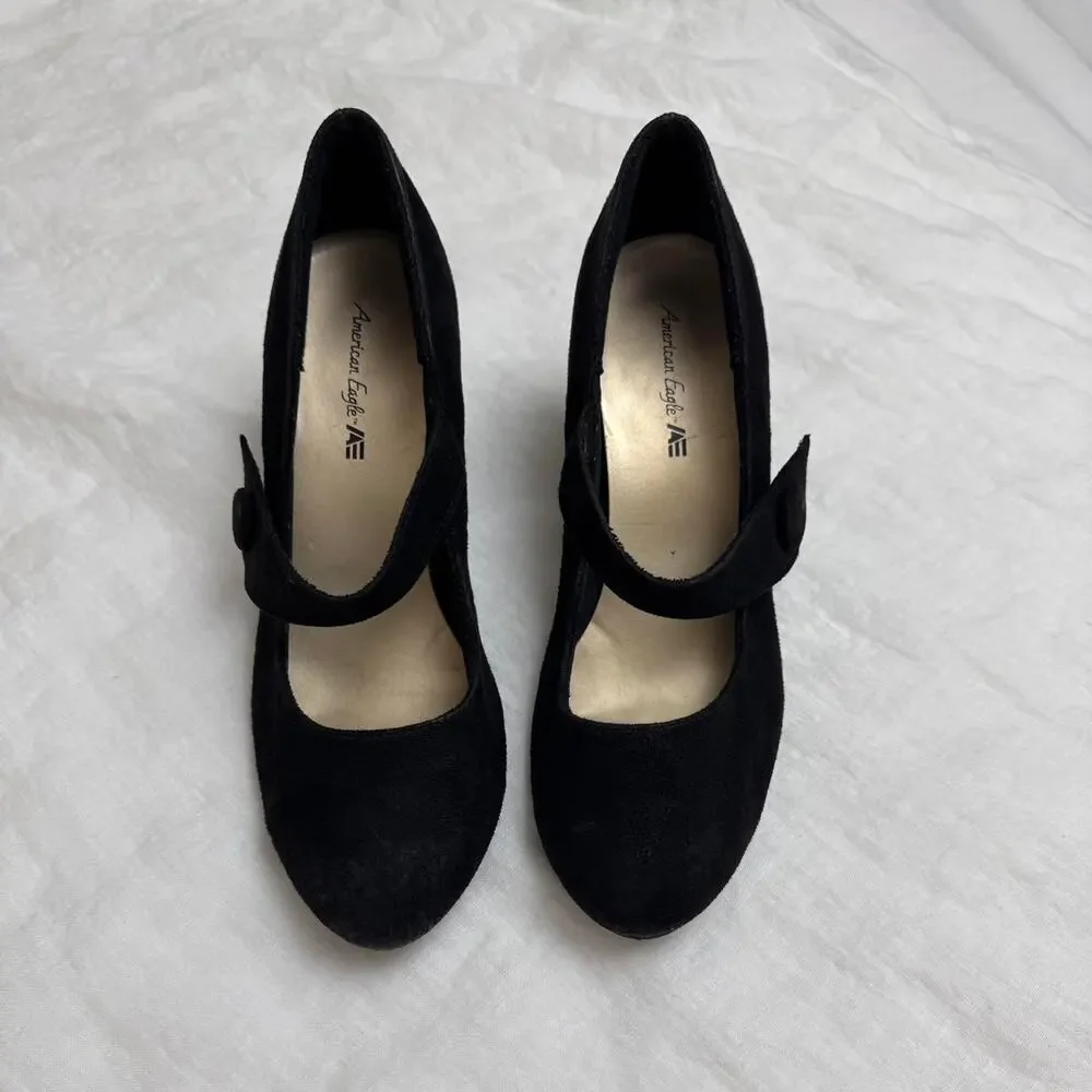 Vintage Y2K Black Faux Leather American Eagle Mary Jane Chunky Heels Size 7.5